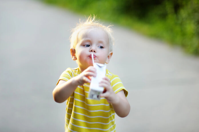 Adorable toddler boy drinking milk or juice outdoors Dias quentes de verão precisam de hidratação adequada