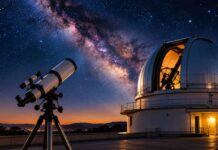 Observatório Nacional abre inscrições para pós-graduação em Astronomia em 2027 Telescópio astronômico e observatório sob céu estrelado, ilustrando oportunidades de pós-graduação em Astronomia.